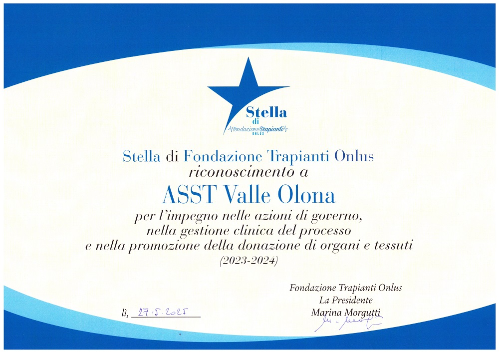 Immagine del riconoscimento a ASST Valle Olona per la donazione di organi e tessuti